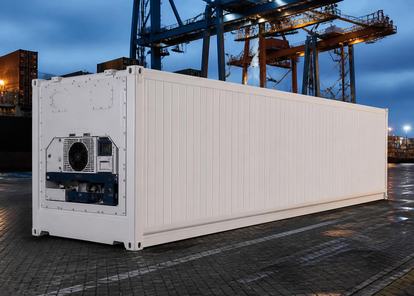 Refrigerated shipping container at a port terminal
